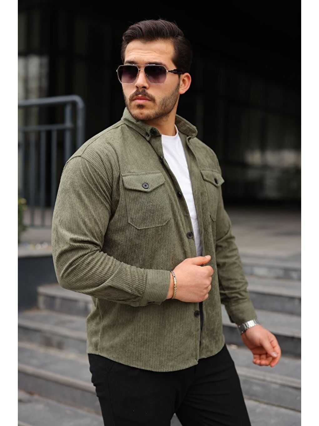 Haki Erkek Uzun Kollu Cepli Kadife Gömlek-3