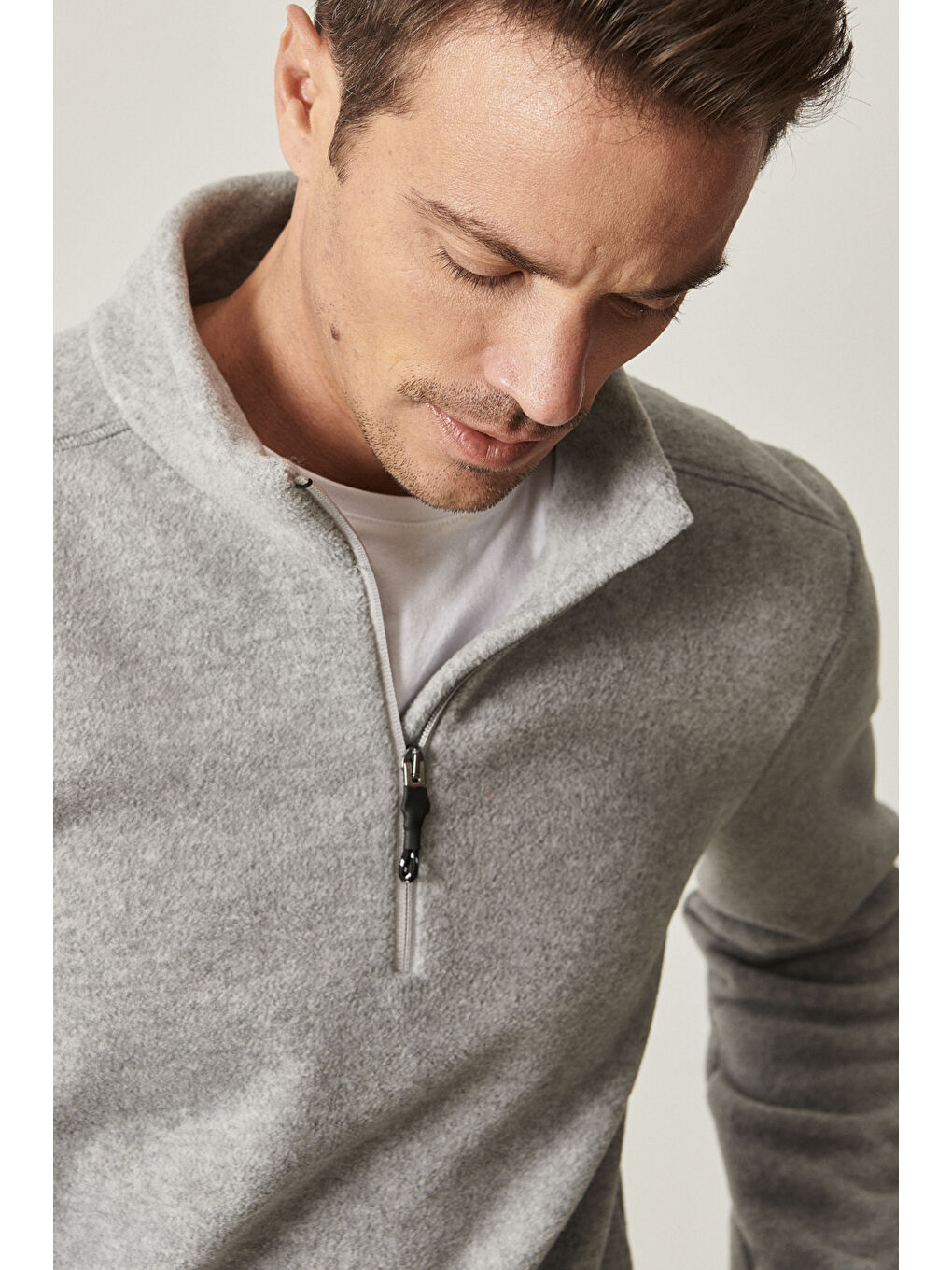 Erkek Gri Anti-Pilling Tüylenme Yapmayan Standart Fit Dik Yaka Polar Sweatshirt-1