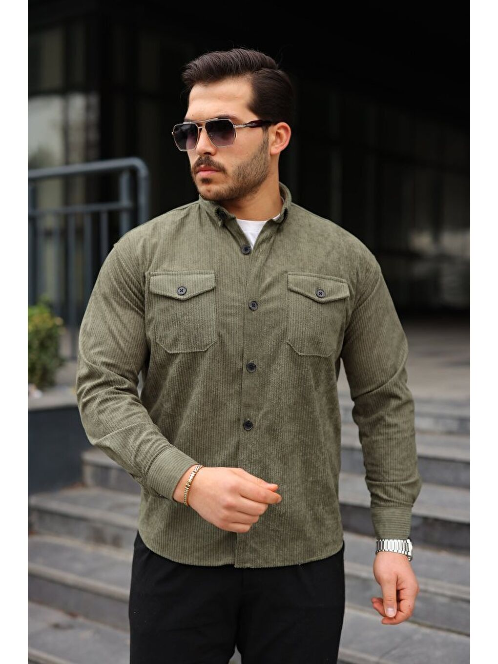 Haki Erkek Uzun Kollu Cepli Kadife Gömlek-4