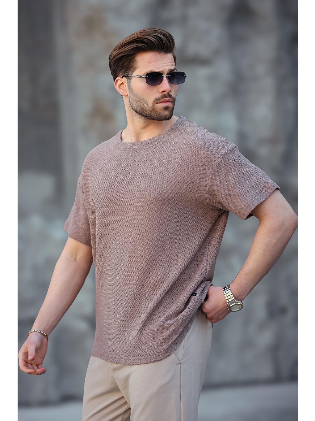 Kahverengi Bisiklet Yaka Oversize Erkek T-Shirt E7134-2