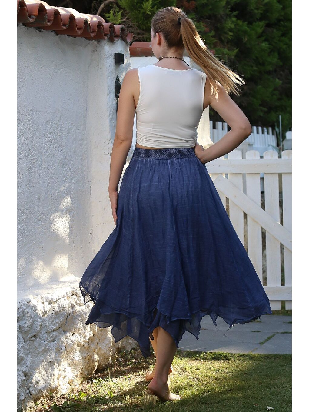 Jean Mavisi Katlı Yıkamalı Lastikli Bel Casual Krinkıl Asimetrik Dokuma Etek 89 70-1