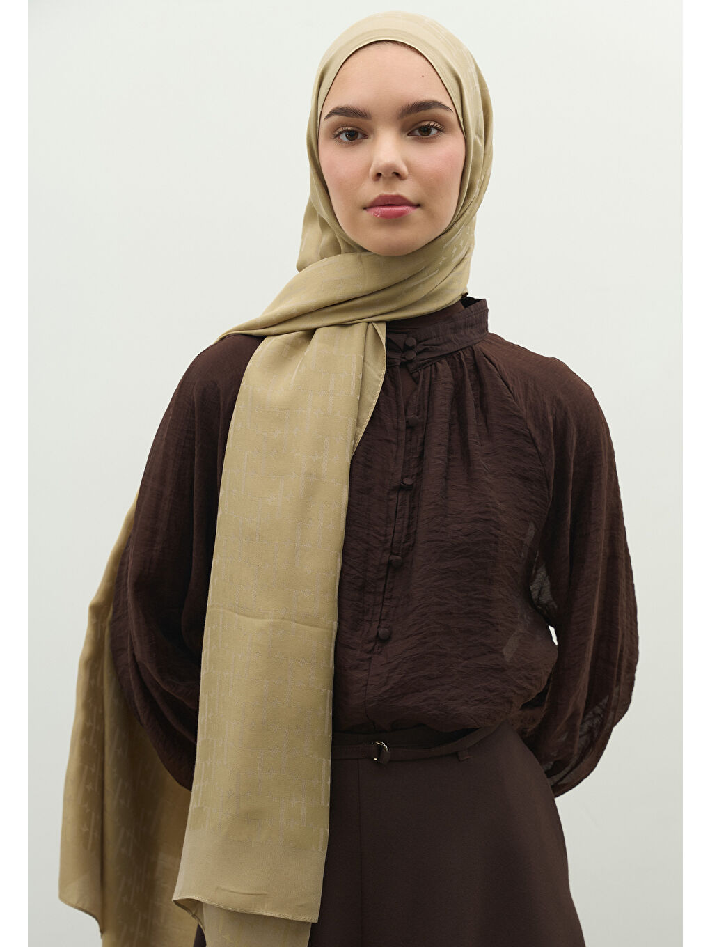 Bej MONOGRAM PAMUK FLOŞ JAKARLI ŞAL VİZON-2