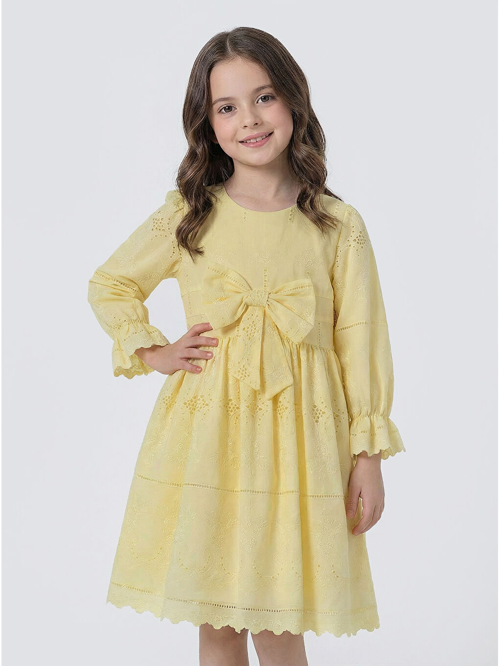 Sarı Kız Çocuk Uzun Kollu Önü Kurdelalı Fisto Elbise-2
