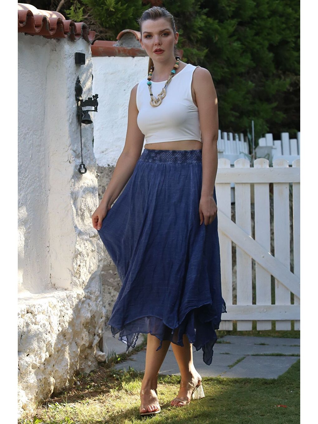 Jean Mavisi Katlı Yıkamalı Lastikli Bel Casual Krinkıl Asimetrik Dokuma Etek 89 70-2