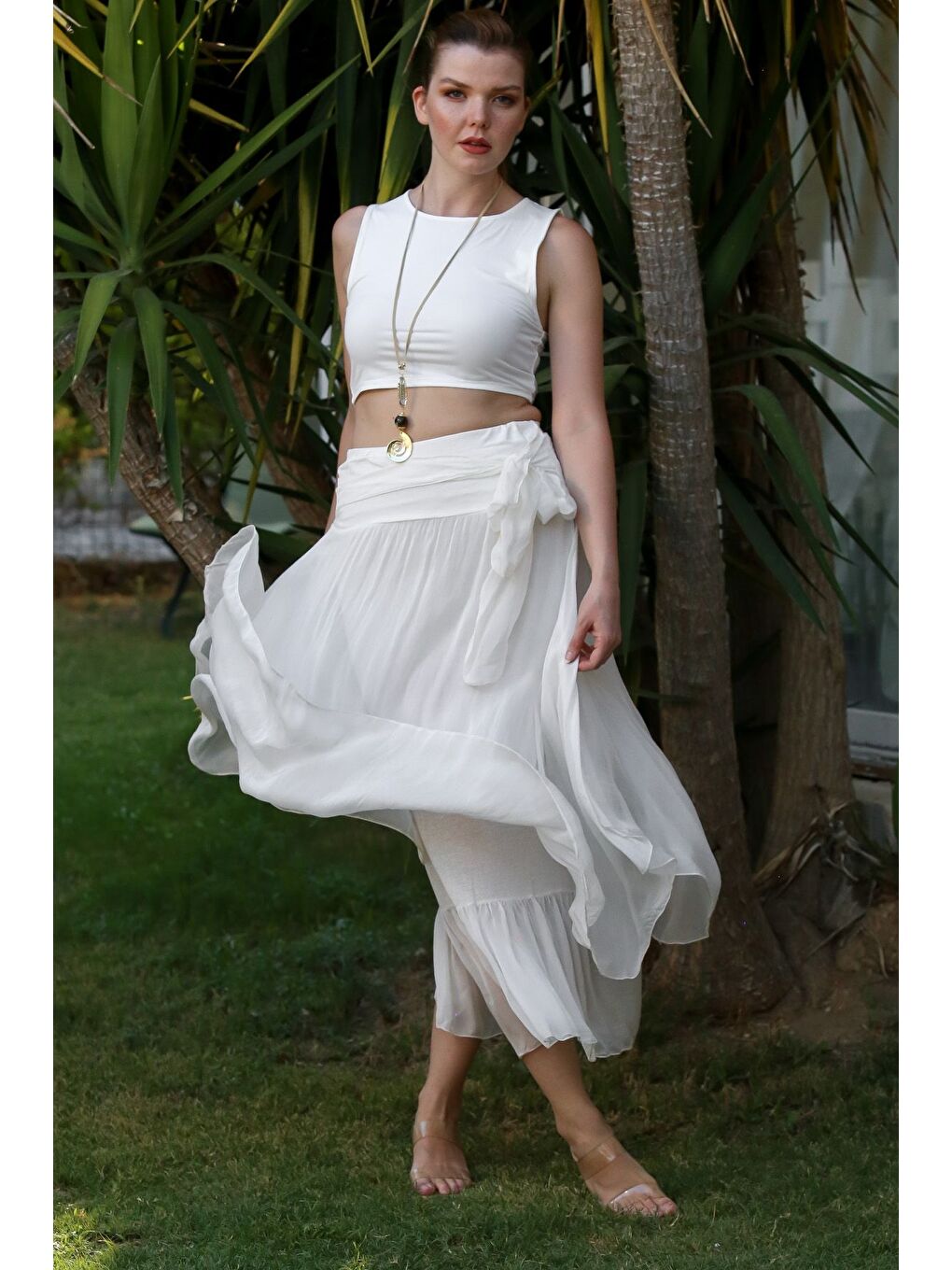 İtalyan Beyaz Astarlı Lastikli Bel Casual İpek Uzun Dokuma Etek 98 60-5