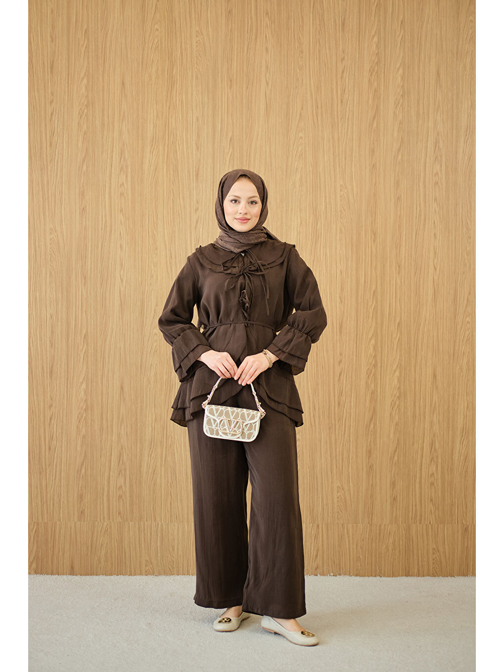 Kadın Bel Bağlamalı Takım Kahverengi-4