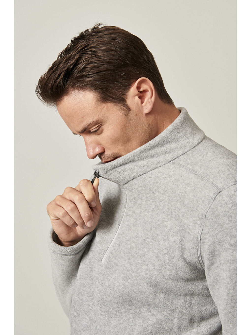 Erkek Gri Anti-Pilling Tüylenme Yapmayan Standart Fit Dik Yaka Polar Sweatshirt-3