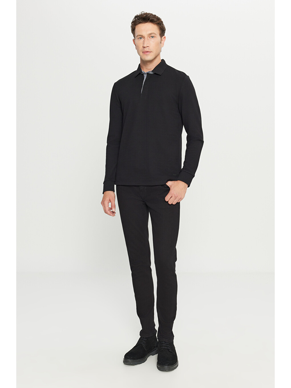 Erkek Siyah %100 Pamuk Slim Fit Dar Kesim Polo Yaka Uzun Kollu Tişört-1