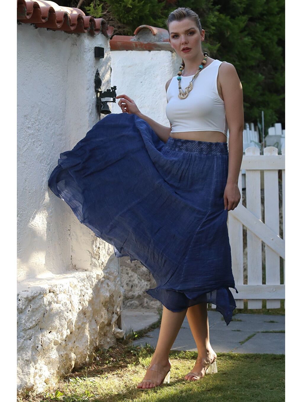 Jean Mavisi Katlı Yıkamalı Lastikli Bel Casual Krinkıl Asimetrik Dokuma Etek 89 70-3