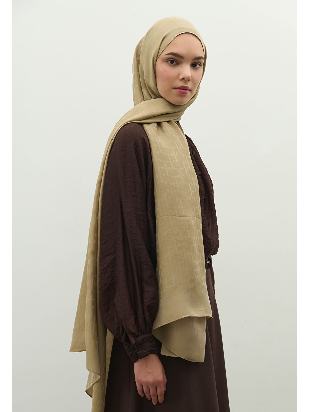 Bej MONOGRAM PAMUK FLOŞ JAKARLI ŞAL VİZON-3