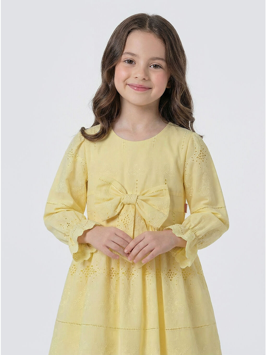 Sarı Kız Çocuk Uzun Kollu Önü Kurdelalı Fisto Elbise-3