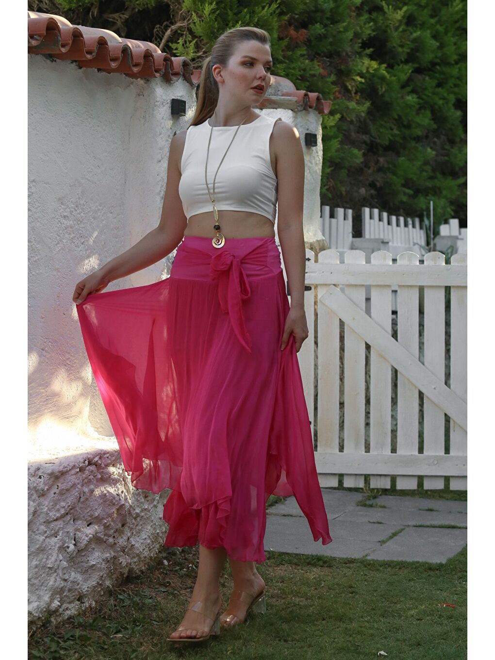 İtalyan Pembe Astarlı Lastikli Bel Casual İpek Uzun Dokuma Etek 98 60