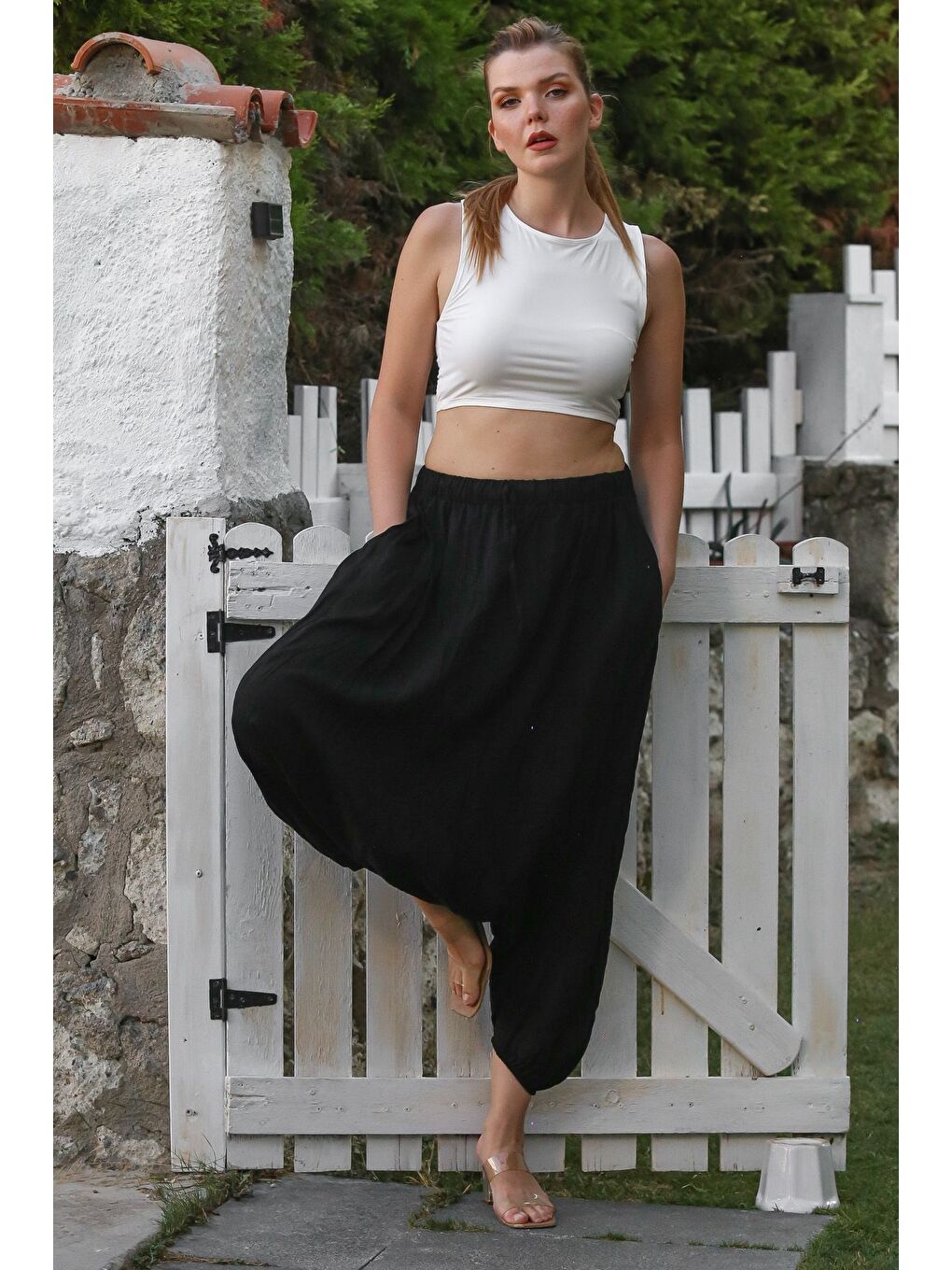 Siyah Yıkamalı Lastikli Bel Şalvar Paça Casual Krinkıl Dokuma Pantolon 95 80-3