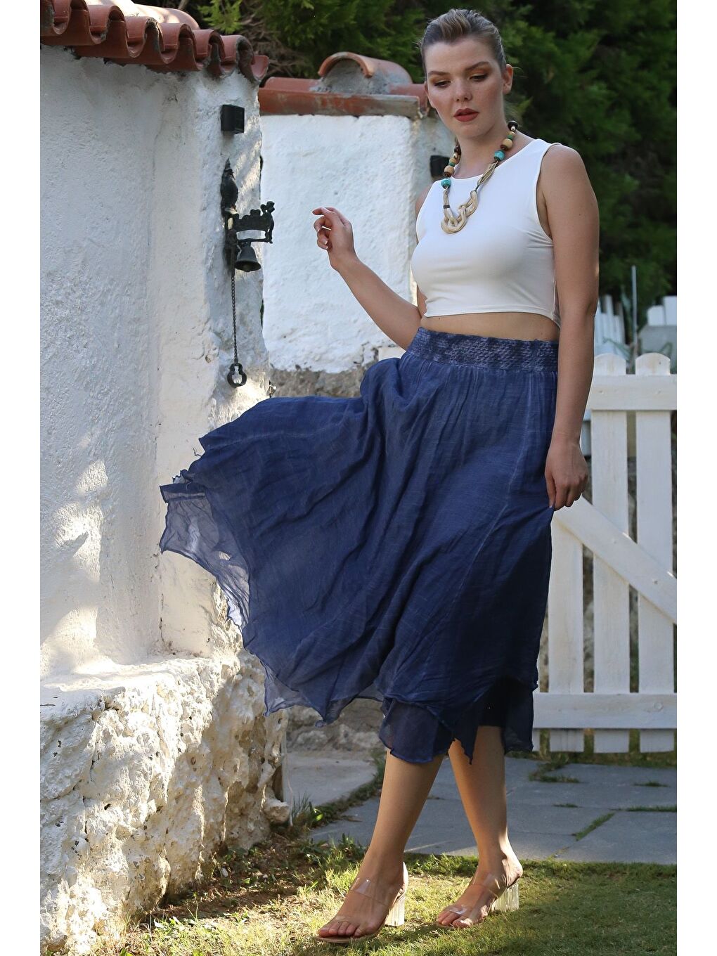 Jean Mavisi Katlı Yıkamalı Lastikli Bel Casual Krinkıl Asimetrik Dokuma Etek 89 70-4