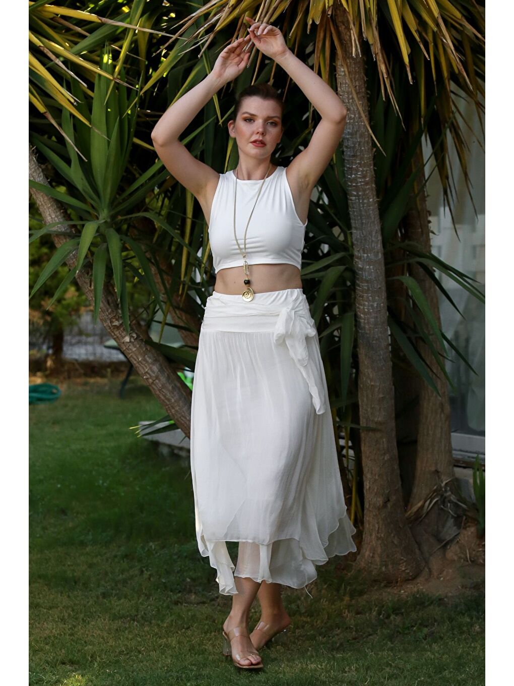 İtalyan Beyaz Astarlı Lastikli Bel Casual İpek Uzun Dokuma Etek 98 60-6