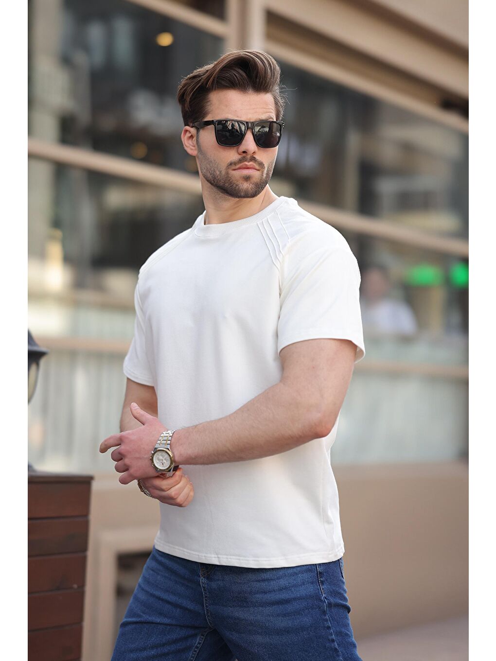 Ekru Bisiklet Yaka Basic Erkek T-Shirt E7138-1