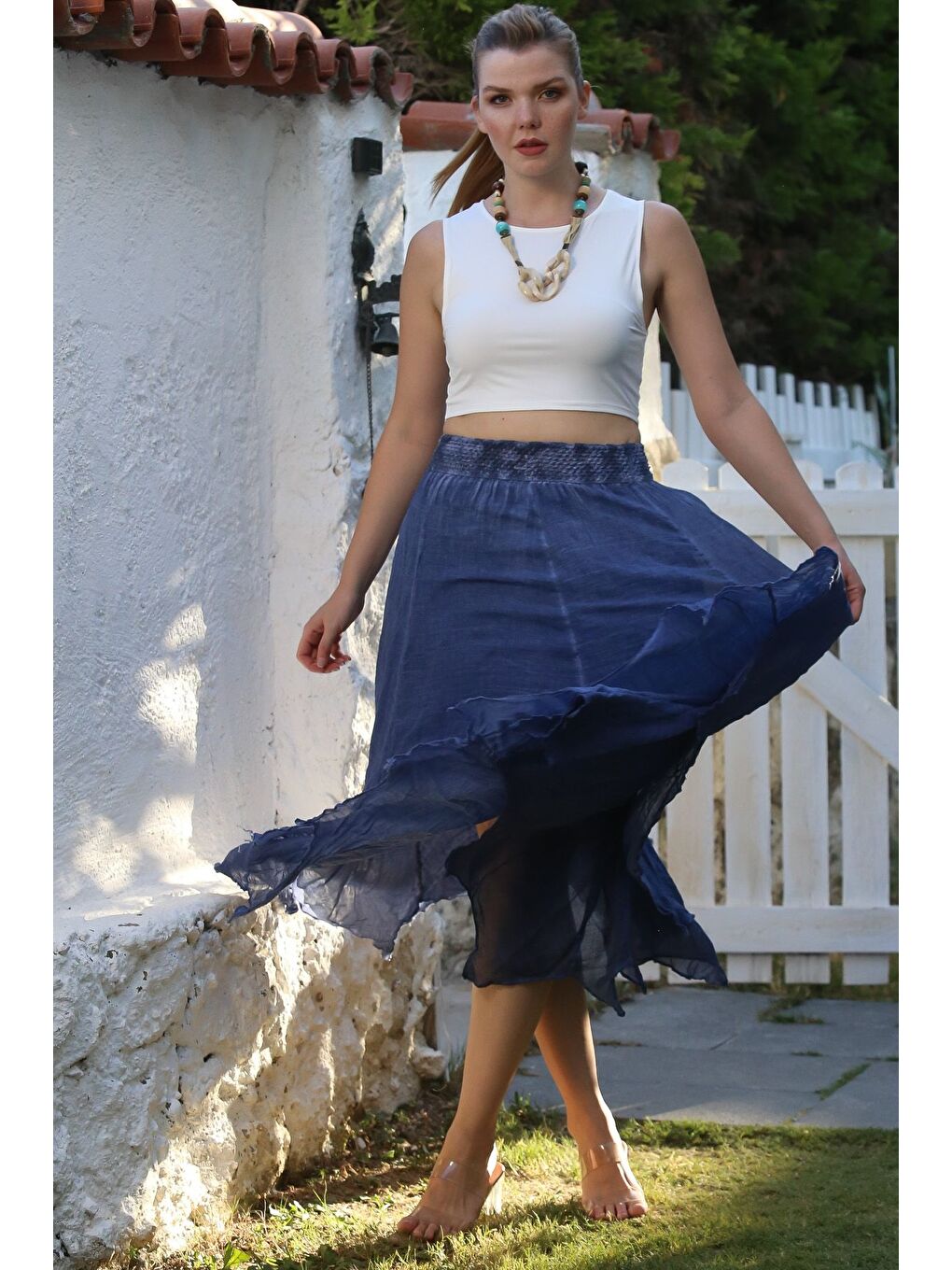 Jean Mavisi Katlı Yıkamalı Lastikli Bel Casual Krinkıl Asimetrik Dokuma Etek 89 70-5