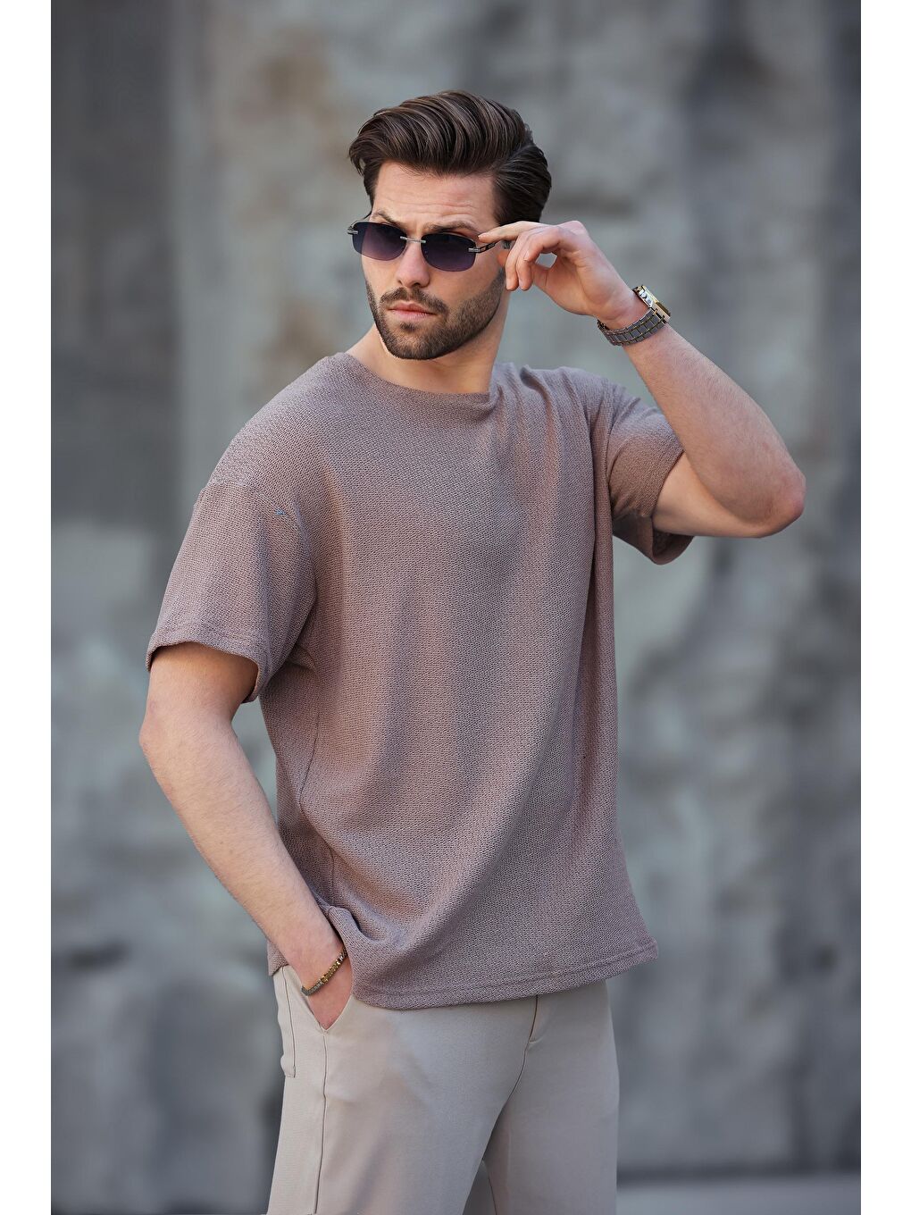 Kahverengi Bisiklet Yaka Oversize Erkek T-Shirt E7134-3