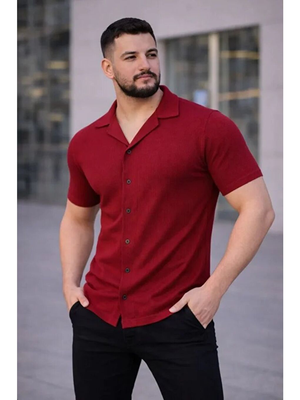 Erkek Waffle Kumaş Kısa Kollu Düğmeli Açık Yaka Regular Fit Gömlek - Kırmızı