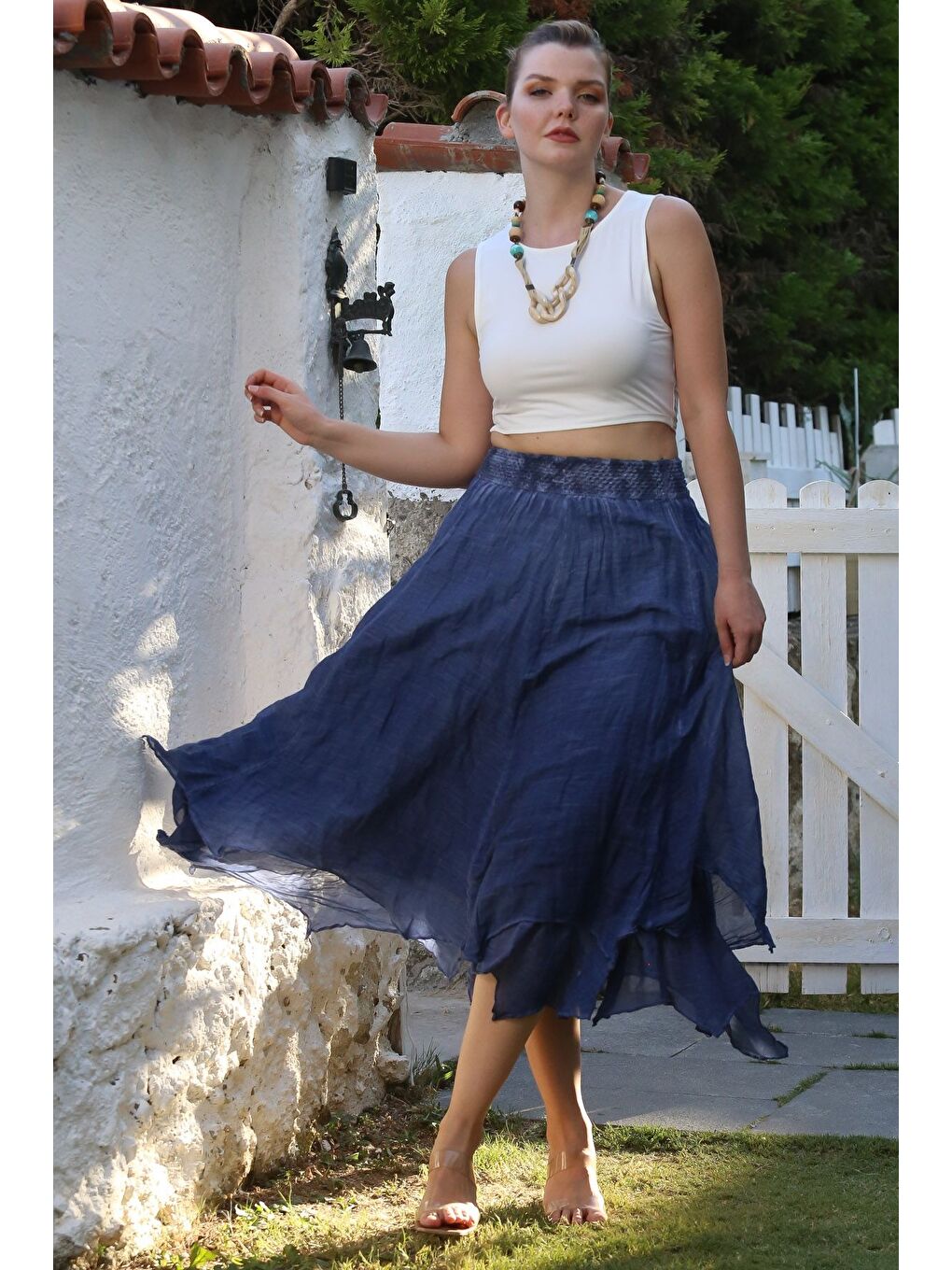 Jean Mavisi Katlı Yıkamalı Lastikli Bel Casual Krinkıl Asimetrik Dokuma Etek 89 70-6