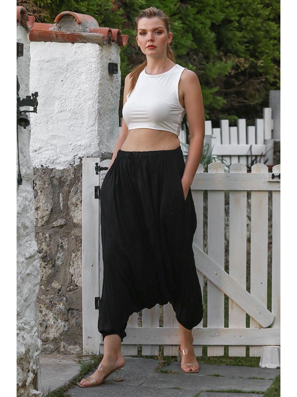 Siyah Yıkamalı Lastikli Bel Şalvar Paça Casual Krinkıl Dokuma Pantolon 95 80-4