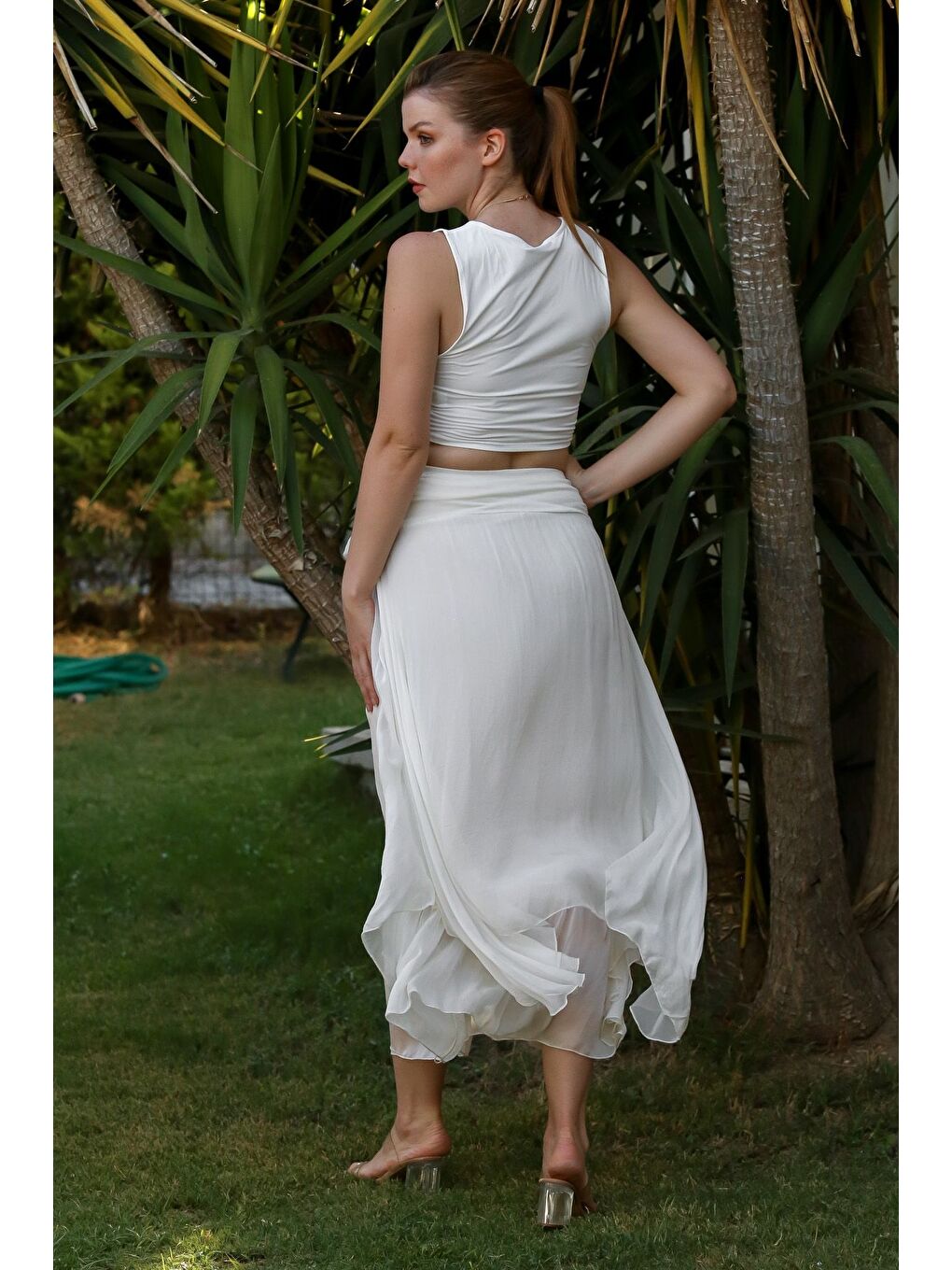 İtalyan Beyaz Astarlı Lastikli Bel Casual İpek Uzun Dokuma Etek 98 60-7
