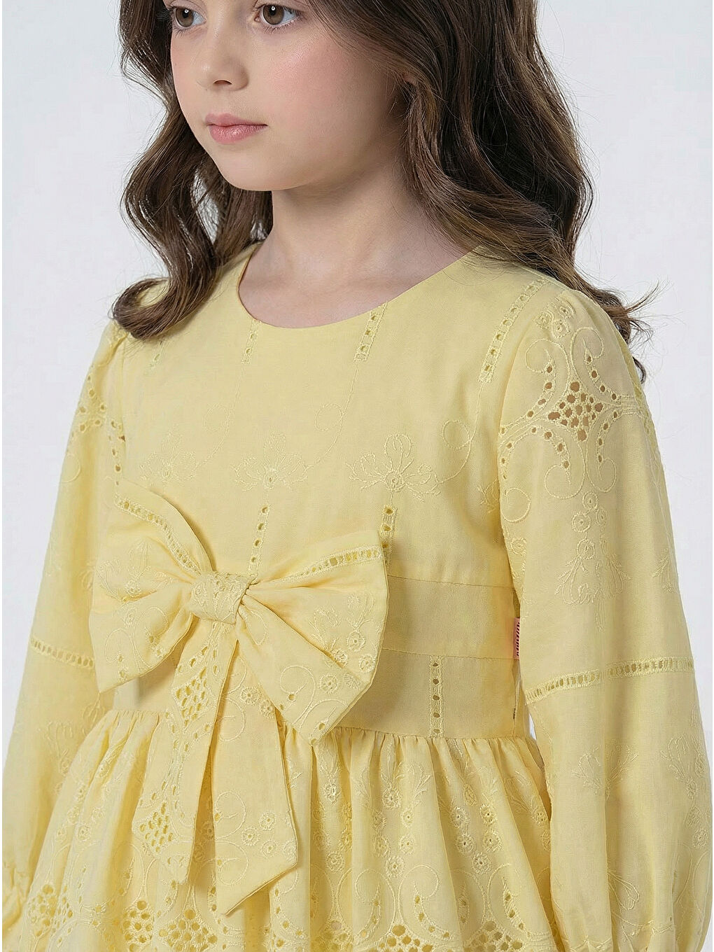 Sarı Kız Çocuk Uzun Kollu Önü Kurdelalı Fisto Elbise-5