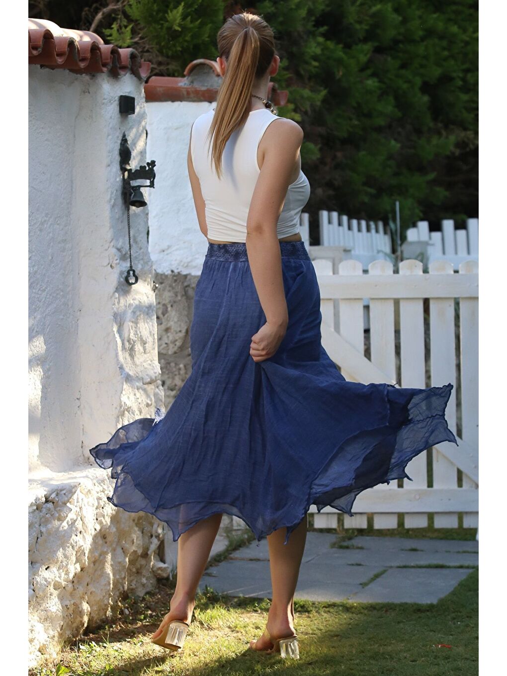 Jean Mavisi Katlı Yıkamalı Lastikli Bel Casual Krinkıl Asimetrik Dokuma Etek 89 70-7