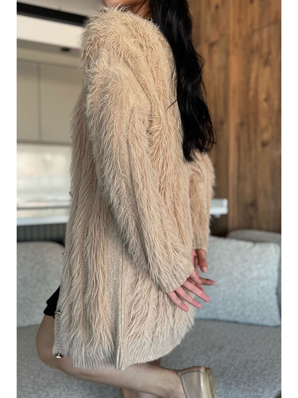 Bej Kadın Sakallı Triko Hırka-2