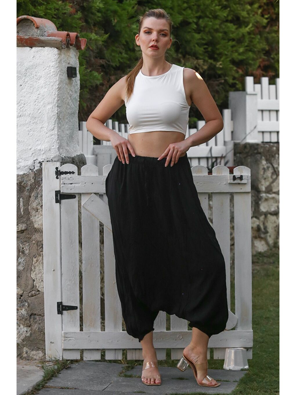 Siyah Yıkamalı Lastikli Bel Şalvar Paça Casual Krinkıl Dokuma Pantolon 95 80-5