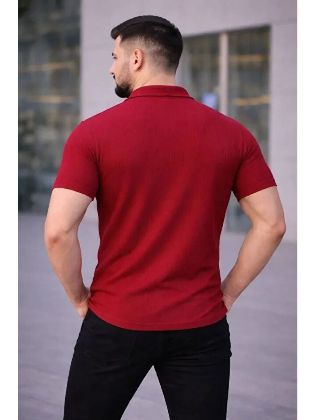 Erkek Waffle Kumaş Kısa Kollu Düğmeli Açık Yaka Regular Fit Gömlek - Kırmızı-1