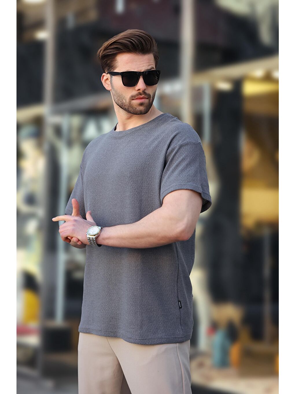 Gri Füme Bisiklet Yaka Oversize Erkek T-Shirt E7134-1