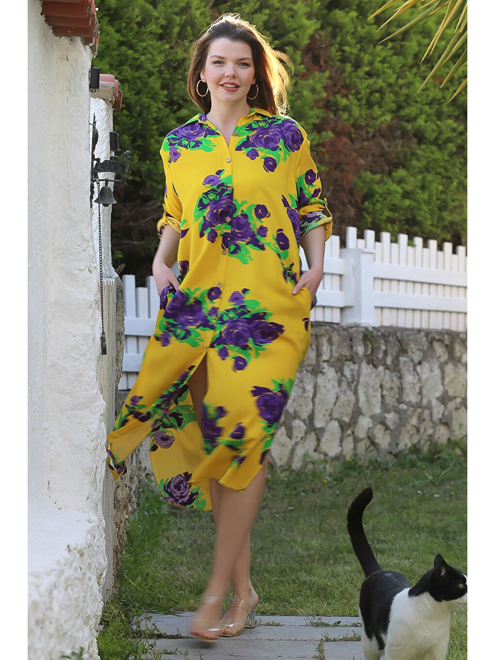 Sarı Gömlek Yaka Düğmeli Uzun Kollu Gizli Cepli Yırtmaçlı Casual Viskon Dokuma Elbise 125 65