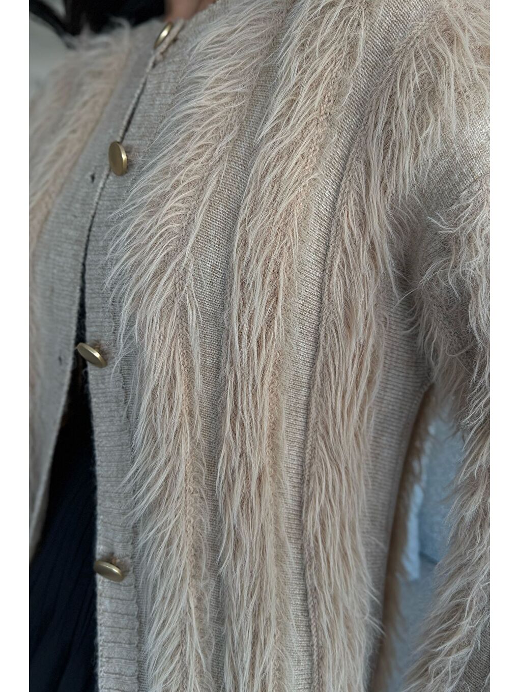 Bej Kadın Sakallı Triko Hırka-3