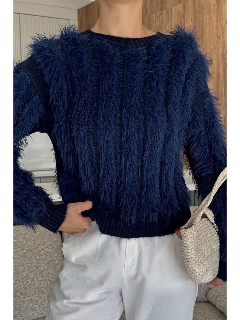 Lacivert Kadın Sakallı Triko Kazak-2