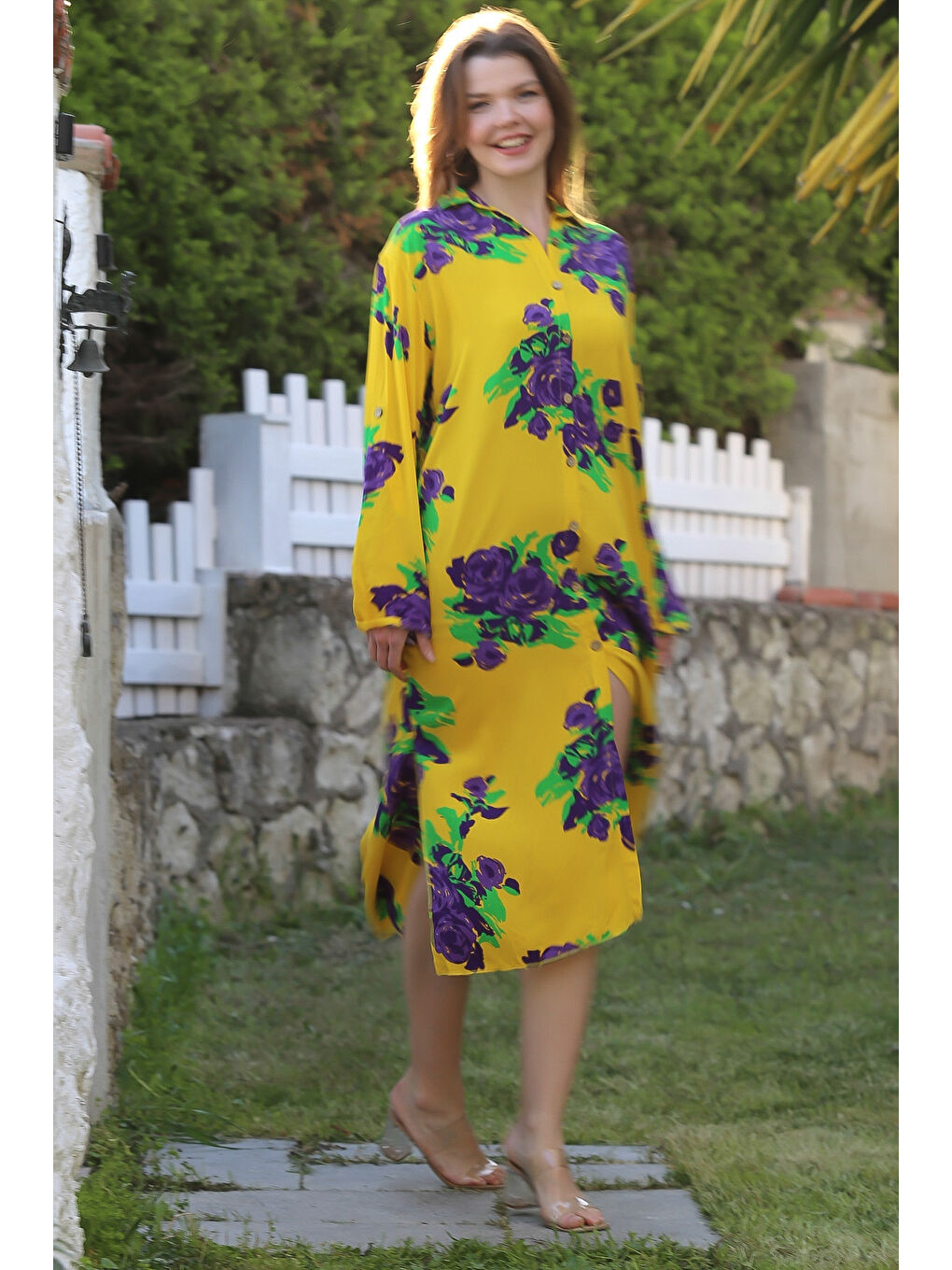 Sarı Gömlek Yaka Düğmeli Uzun Kollu Gizli Cepli Yırtmaçlı Casual Viskon Dokuma Elbise 125 65-1