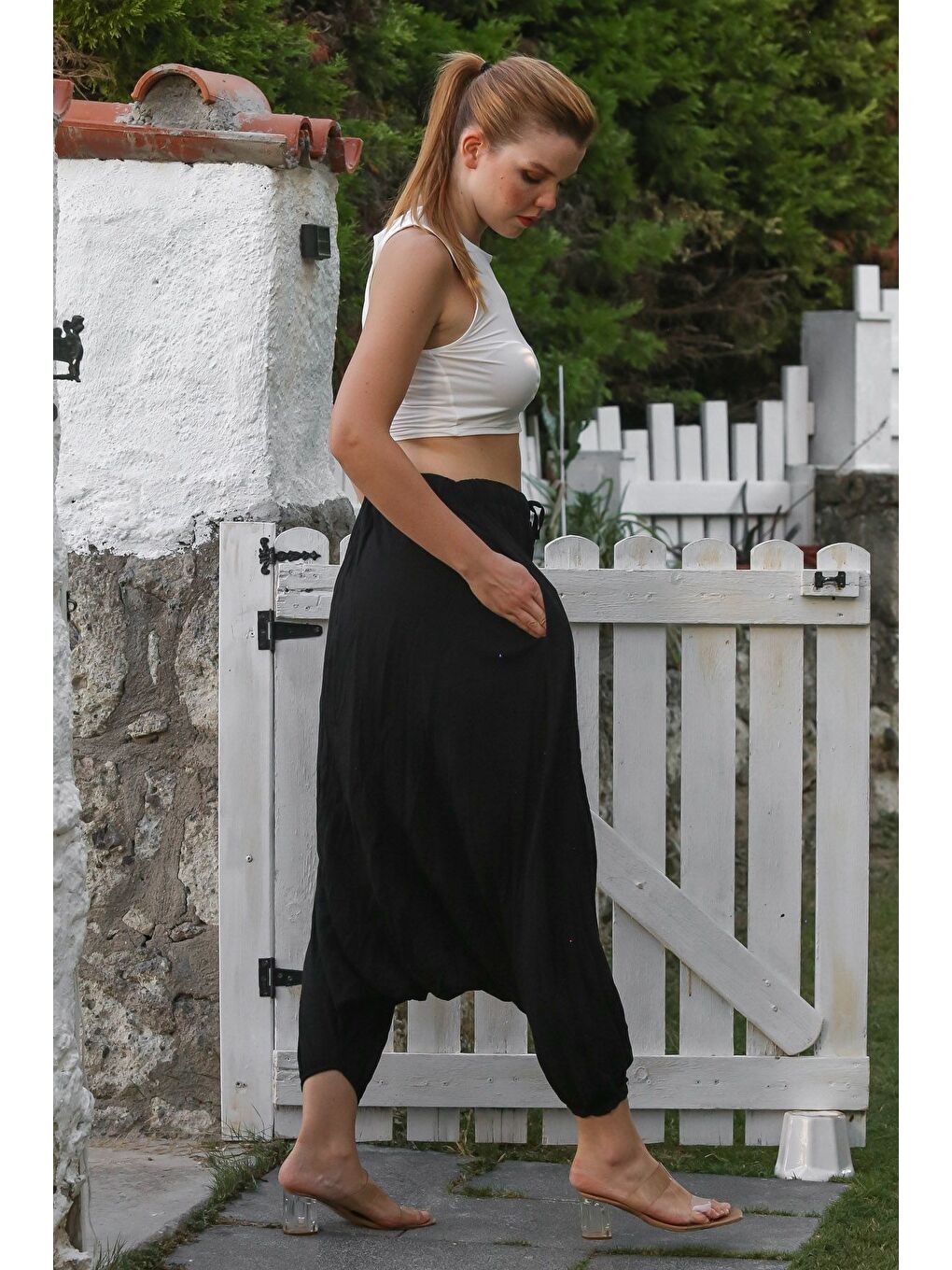 Siyah Yıkamalı Lastikli Bel Şalvar Paça Casual Krinkıl Dokuma Pantolon 95 80-6