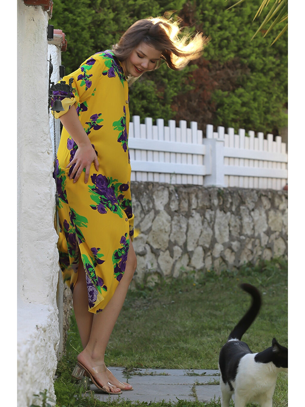 Sarı Gömlek Yaka Düğmeli Uzun Kollu Gizli Cepli Yırtmaçlı Casual Viskon Dokuma Elbise 125 65-2