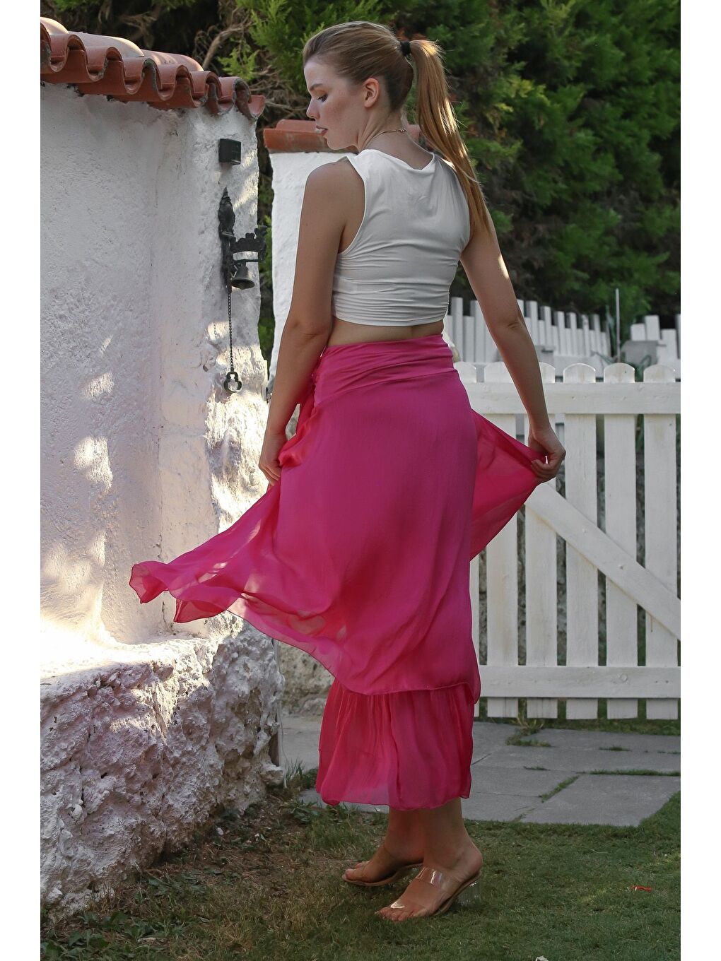 İtalyan Pembe Astarlı Lastikli Bel Casual İpek Uzun Dokuma Etek 98 60-1