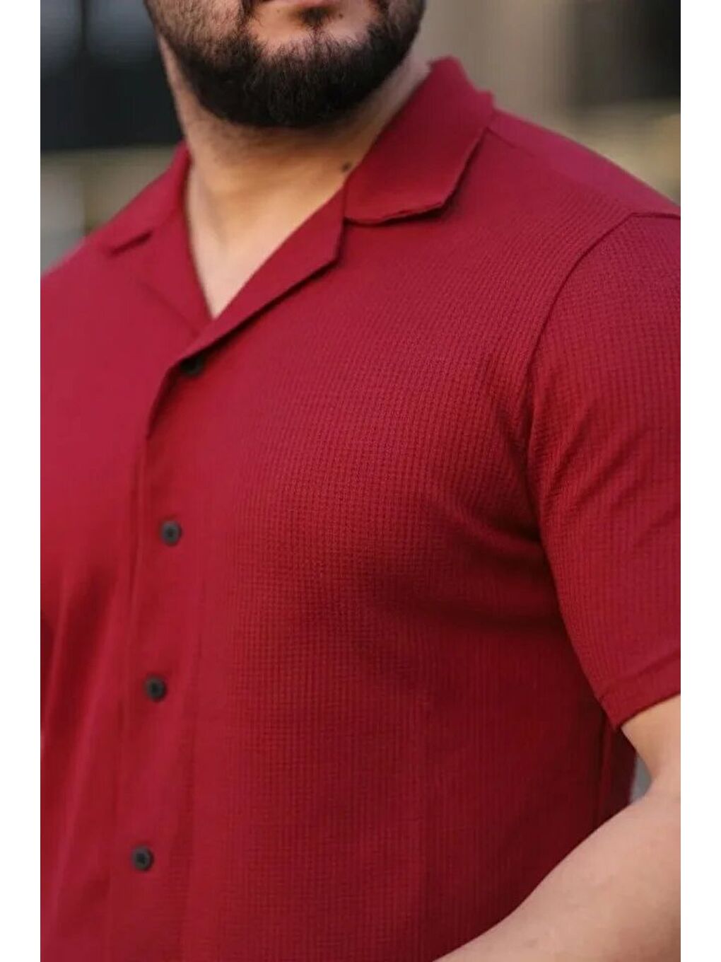 Erkek Waffle Kumaş Kısa Kollu Düğmeli Açık Yaka Regular Fit Gömlek - Kırmızı-3