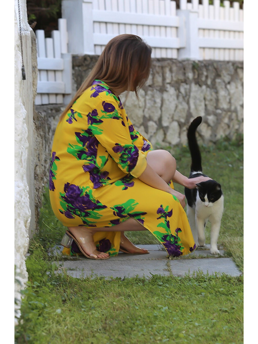 Sarı Gömlek Yaka Düğmeli Uzun Kollu Gizli Cepli Yırtmaçlı Casual Viskon Dokuma Elbise 125 65-3