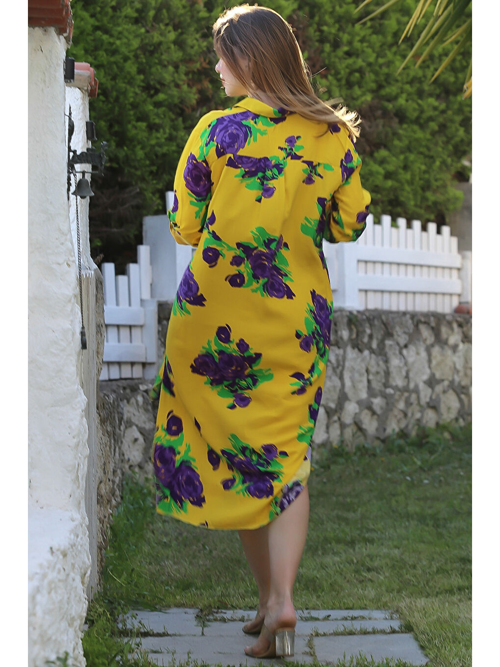 Sarı Gömlek Yaka Düğmeli Uzun Kollu Gizli Cepli Yırtmaçlı Casual Viskon Dokuma Elbise 125 65-5