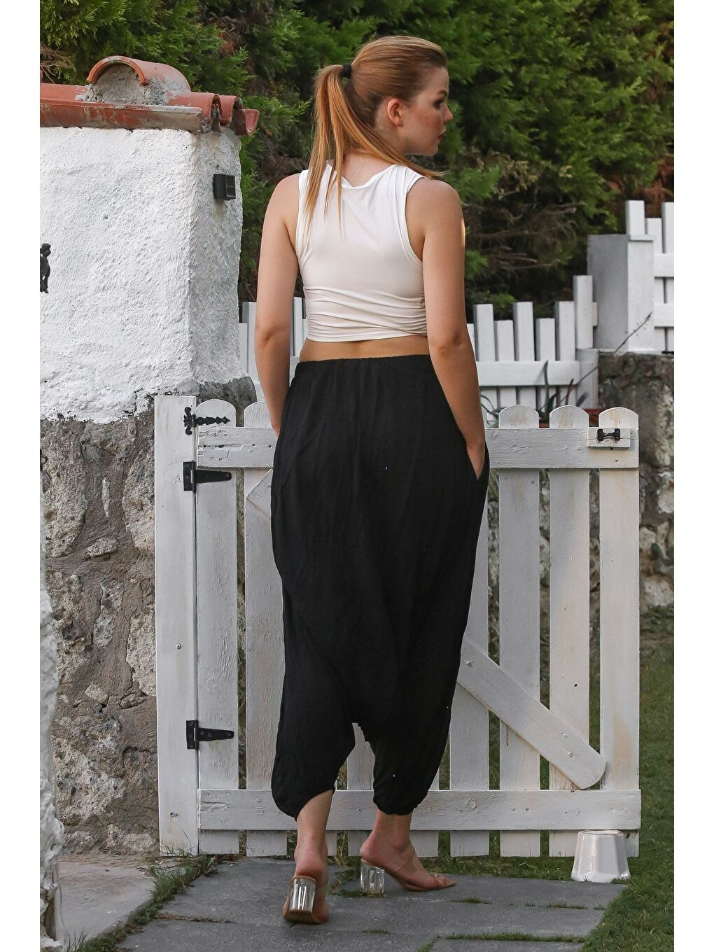 Siyah Yıkamalı Lastikli Bel Şalvar Paça Casual Krinkıl Dokuma Pantolon 95 80-7