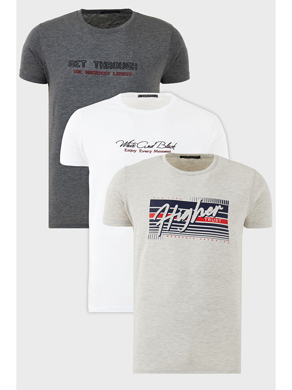 Beyaz Pamuklu Slim Fit Bisiklet Yaka Baskılı 3'lü Paket Tişört 541S31