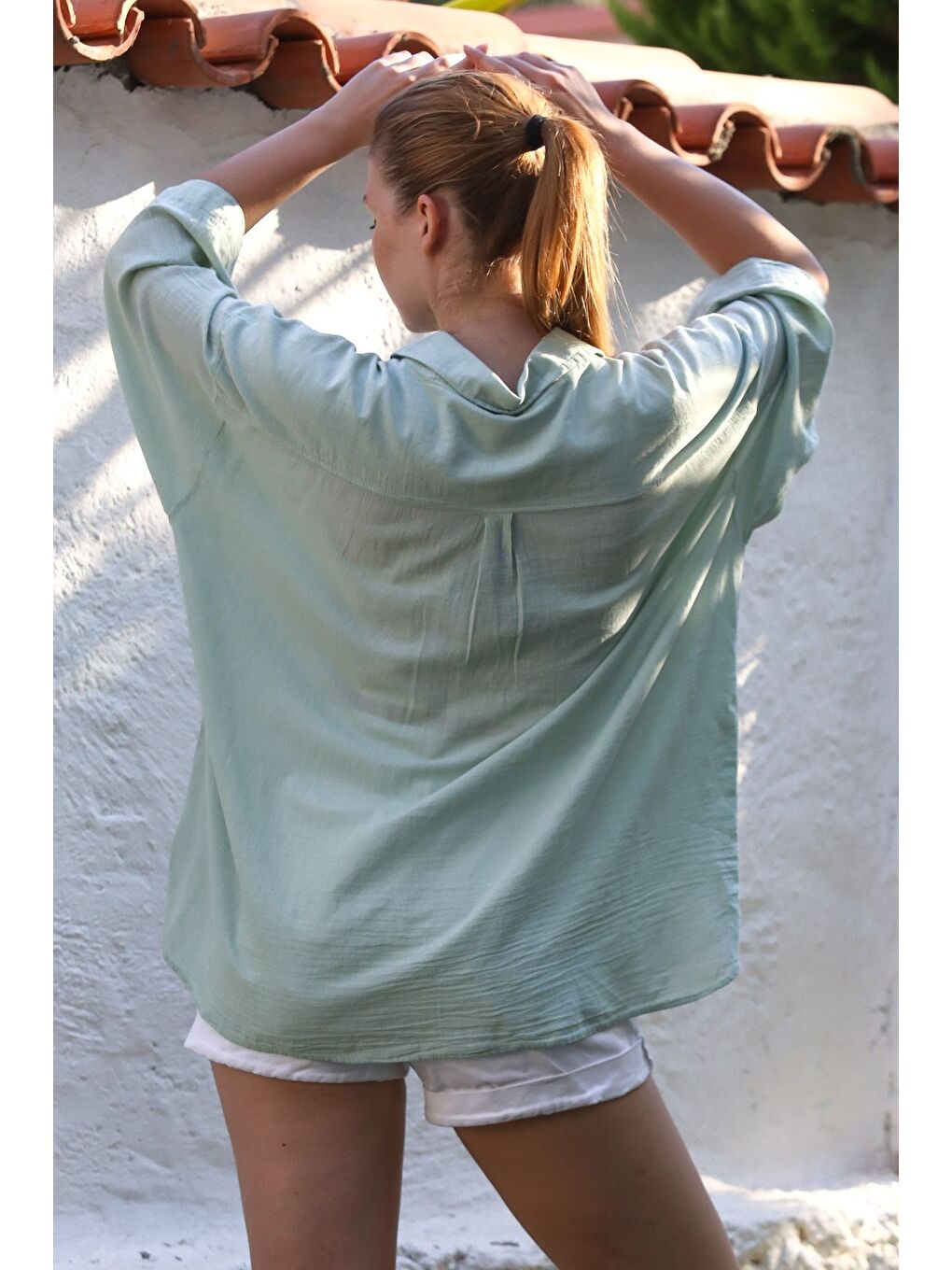 Yeşil Mint Gömlek Yaka 3/4 Kol Düğmeli Yıkamalı Casual Oversize Dokuma Gömlek 75 68-1