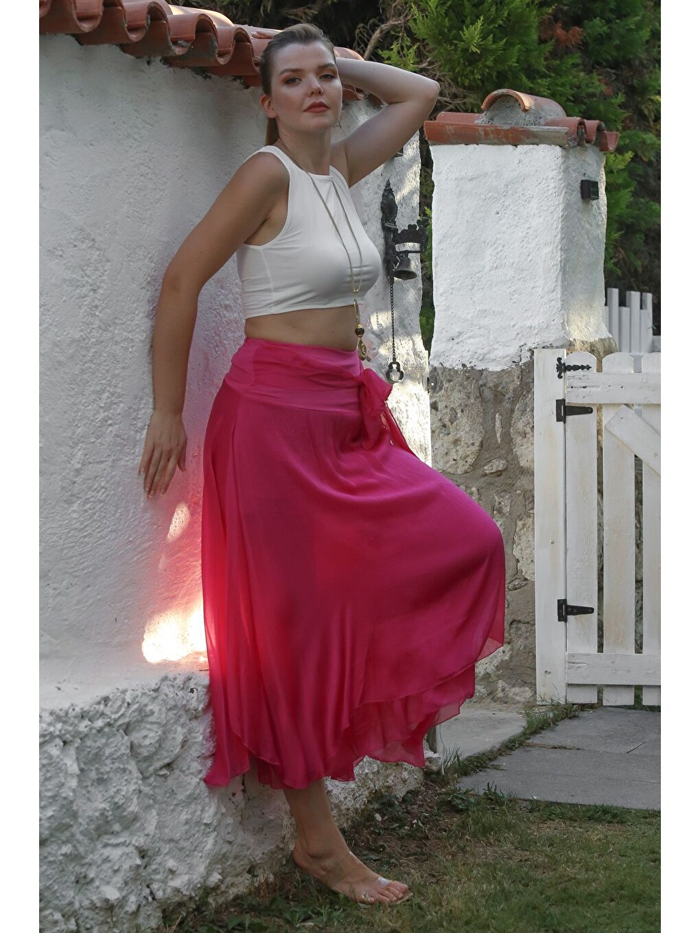 İtalyan Pembe Astarlı Lastikli Bel Casual İpek Uzun Dokuma Etek 98 60-2