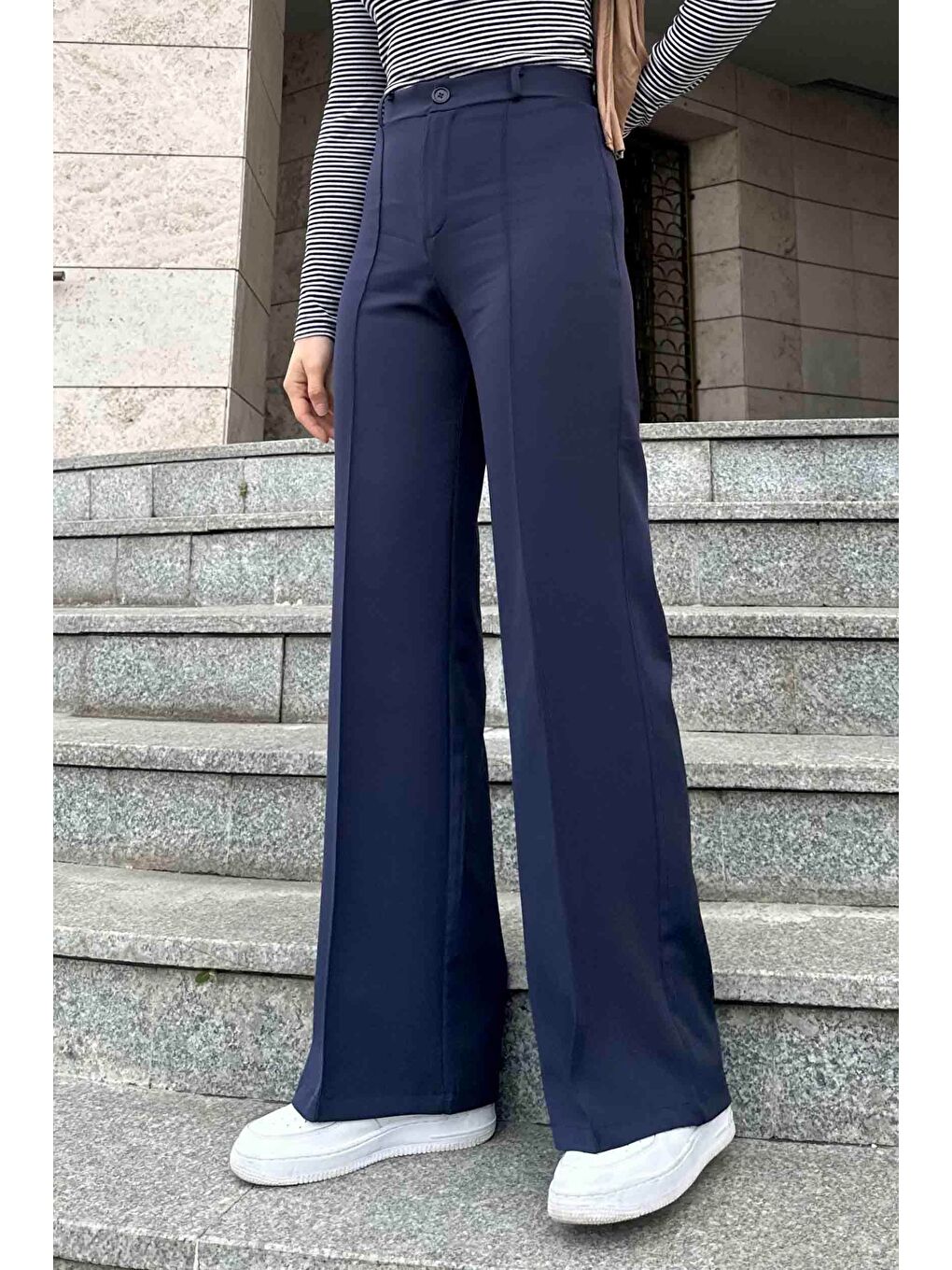 Çımalı Bol Paça Pantolon Lacivert-1