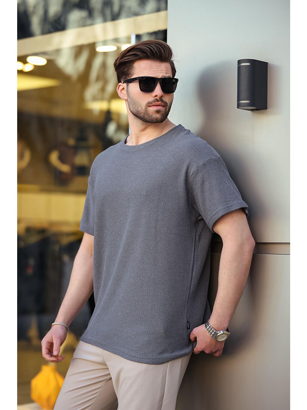 Gri Füme Bisiklet Yaka Oversize Erkek T-Shirt E7134-3