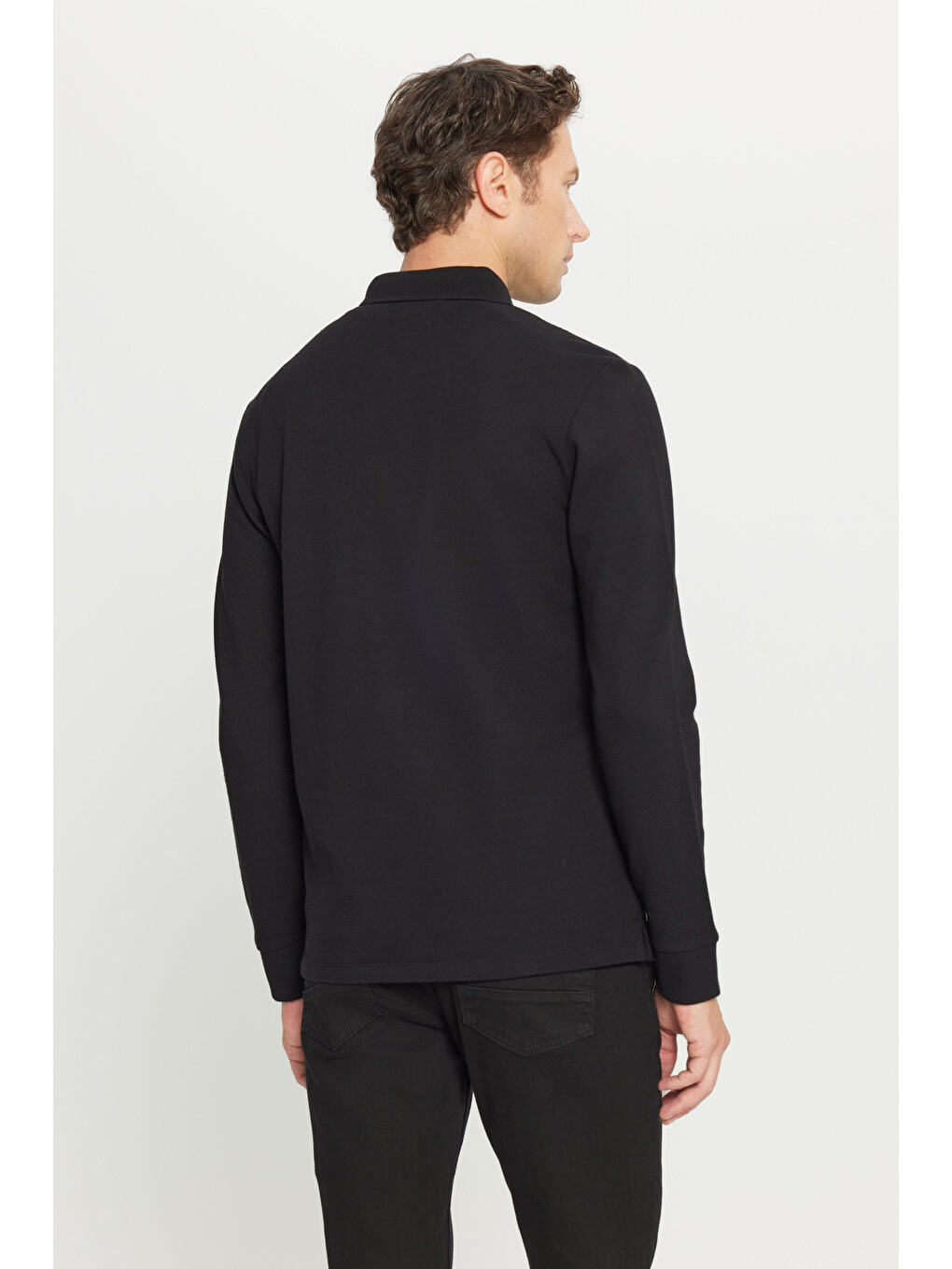 Erkek Siyah %100 Pamuk Slim Fit Dar Kesim Polo Yaka Uzun Kollu Tişört-4