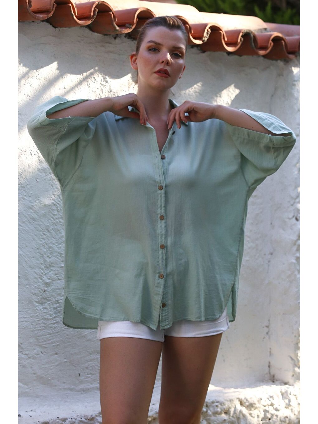 Yeşil Mint Gömlek Yaka 3/4 Kol Düğmeli Yıkamalı Casual Oversize Dokuma Gömlek 75 68-2